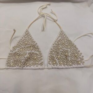 Pearl Embellished White Triangle Bikini Top